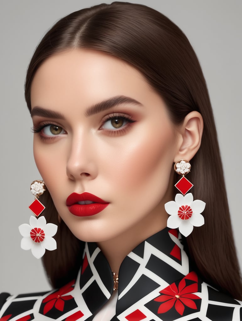 big silicone floral earrings on medium lenght brunette haired beautiful female model doll face red lips black geometric suit