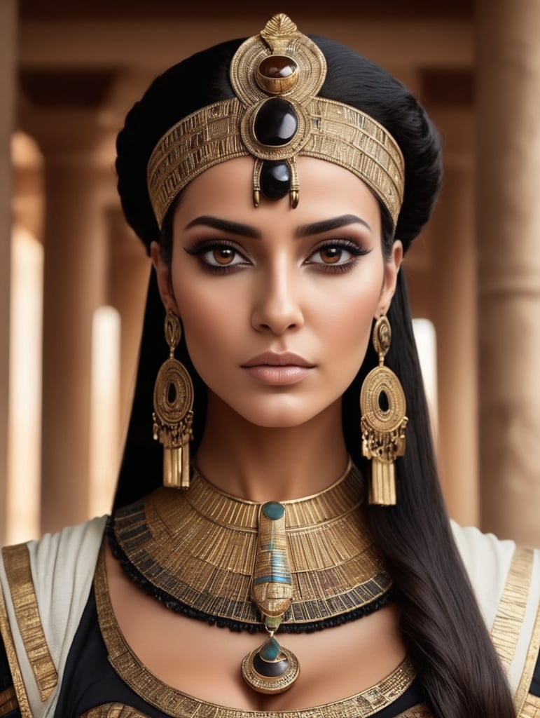 beautiful ancient egypt queen, dark cloth, dark hair, brown eye, head accessories