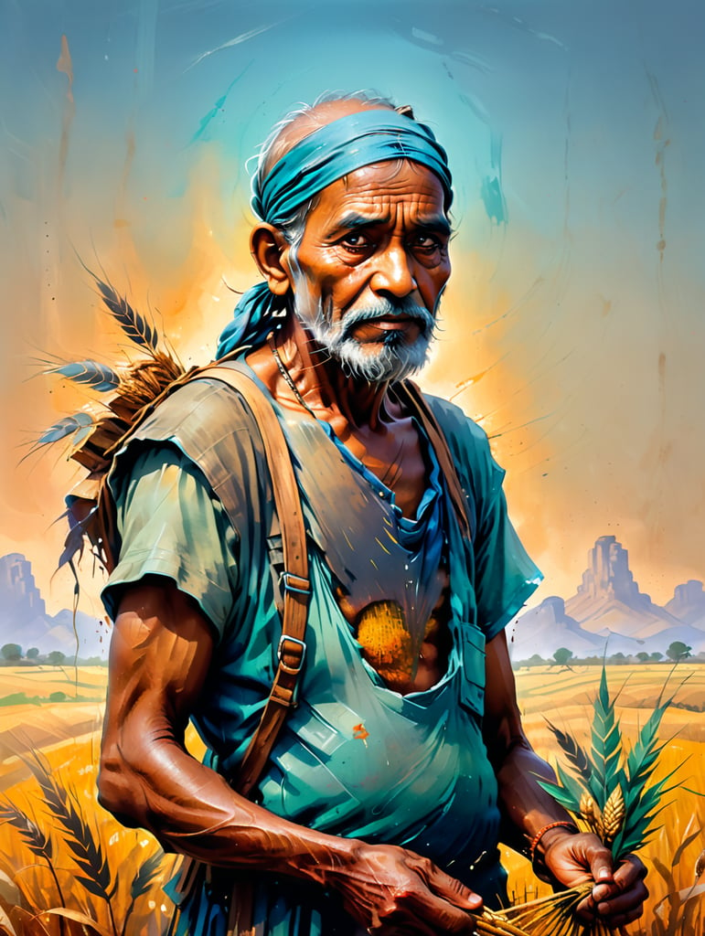 Heartbroken old Indian farmer holding wet wheat harvest in his hands