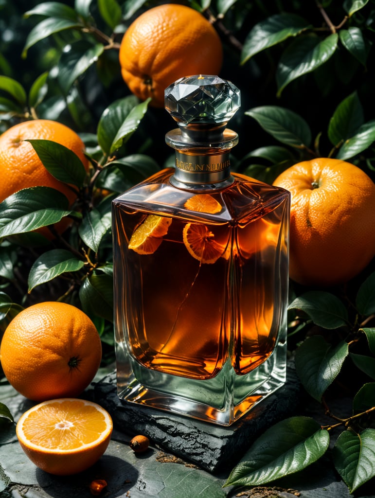 professional photography of a luxury perfume, orange fruits around, orange forest, green satin scarf, no label, clear, mockup