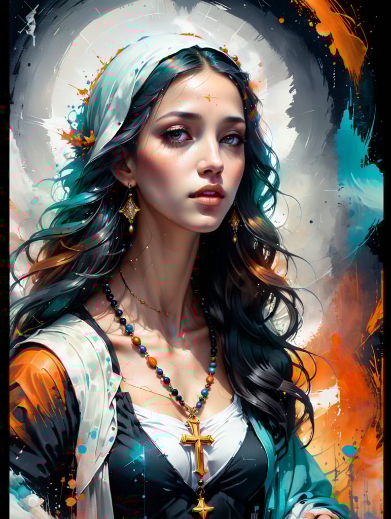 virgin mary holding a roseary necklace in the sky, black and white