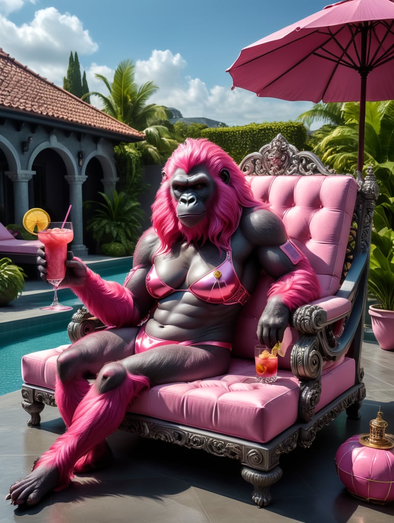 a pink gorilla with long pink hair and a big pink cocktail in her hands lounging on a stylish daybed next to a stylish pool on a sunny summer day