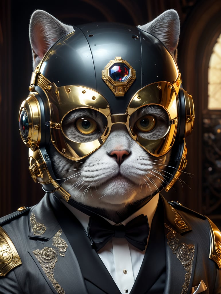 British Shorthair wearing a tuxedo and daft punk style helmet