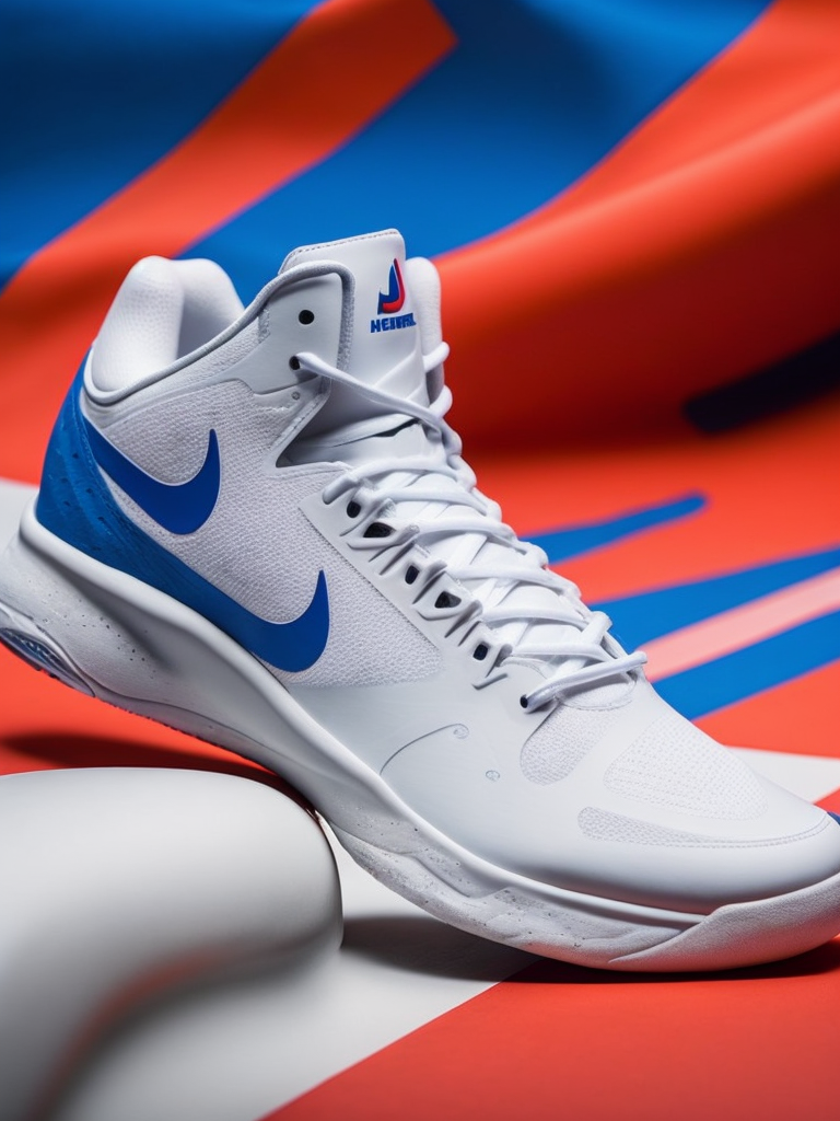 Nike basketball shoes philippine flag colorway, bright and saturated colors, highly detailed, sharp focus, Dramatic Lighting, Depth of field, Incredibly high detailed, blurred background