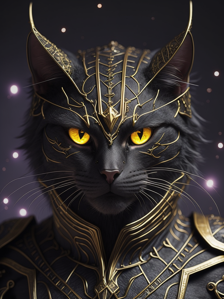 [anthropomorphism cat man], full body,in full growth, glowing eyes, looking at viewer, dark fantasy demon, gothic cyber, horror egyptian mythology, mysterious golden metal wires, fractional shiny crystals, cult ritual, (masterpiece:1.2) :: (best quality:1.2) :: (intricate) :: (wallpaper), global illumination, ray tracing,