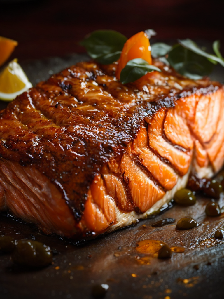 macro photography of a grilled salmon