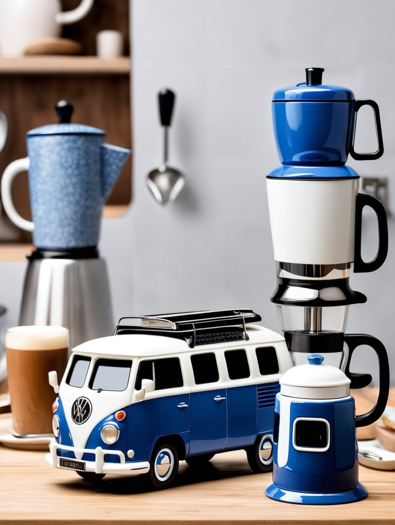 a vintage coffee maker shaped like a blue and white volkswagen kombi, grain grinder on top, coffe mug, kitchen, realistic