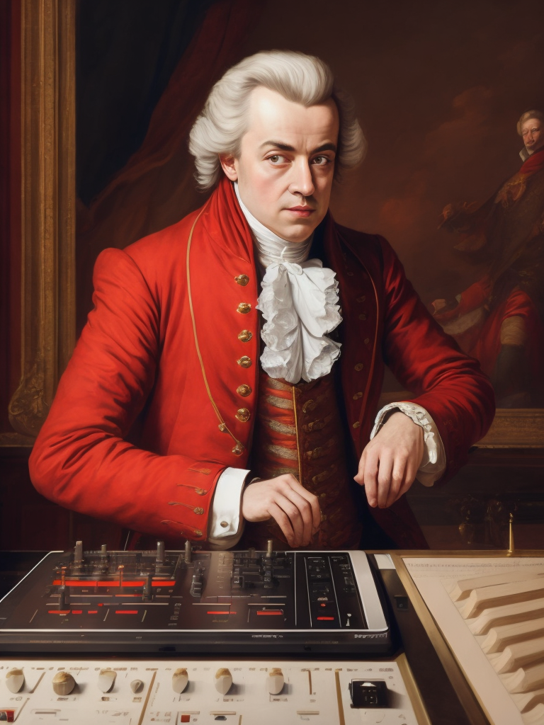 Wolfgang Amadeus Mozart in a 18th century red suit making music on a DJ table, Against the background of the interior of the palace full of guests, studio photo, professional photo, Bright and rich colors, Detailed image, detailed face,