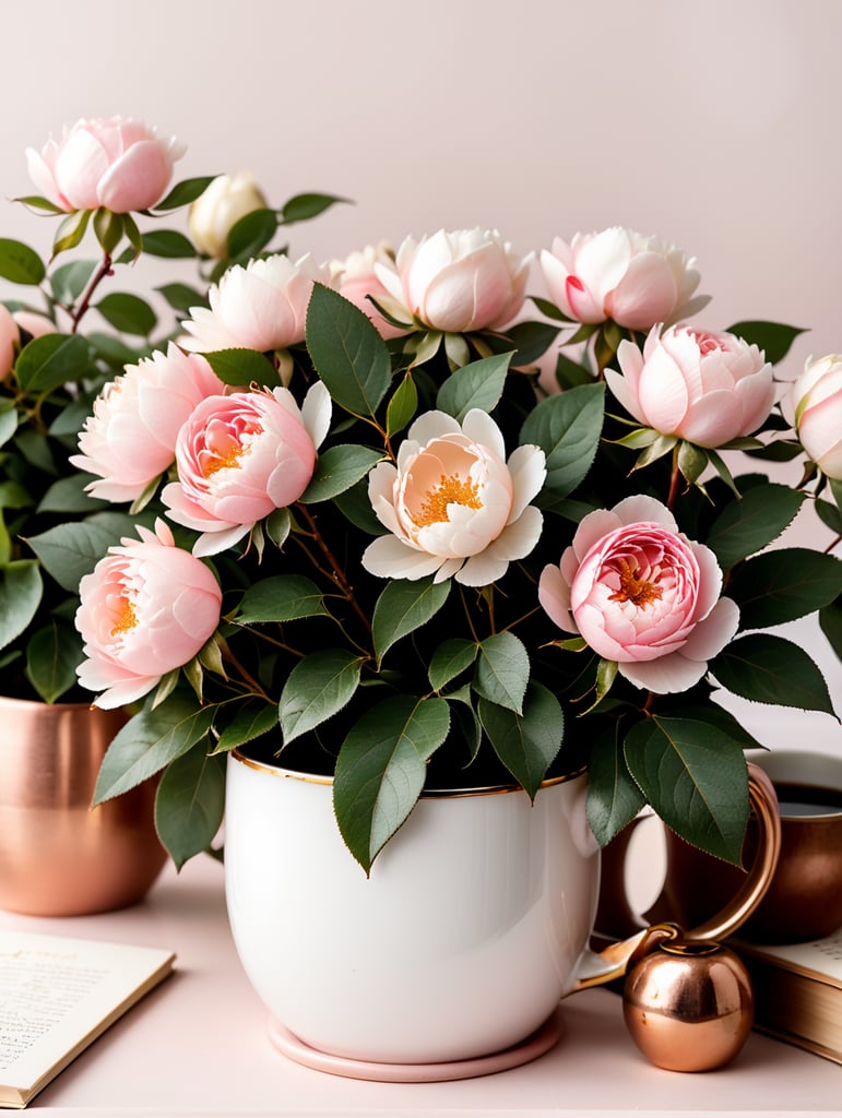 Soft pink roses, white Chinese peony, tiny apple blossom flowers, eucalyptus leaves, twigs of cranberries, twigs of copper pepper berries all arrangement into a cute beautiful flowers arrangement on a pink nickel mug. The mug is sitting on a thick white book with golden cover image design. Sunny, bright image. Ad copy, huge copy space on top of the image, negative space, hd, 8k, blurry dreamy background, beautiful pictures. Product