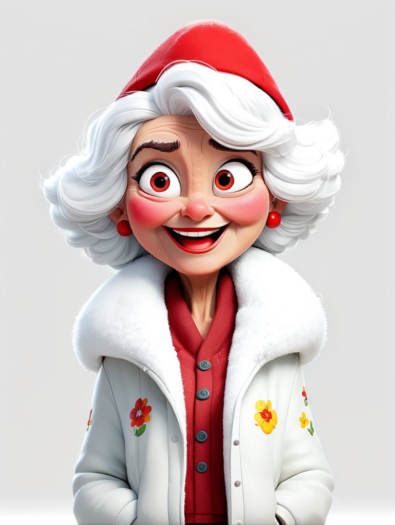 a happy young women with white hair and red hat on his head is wearing a white fluffy jacket, isolated, white background