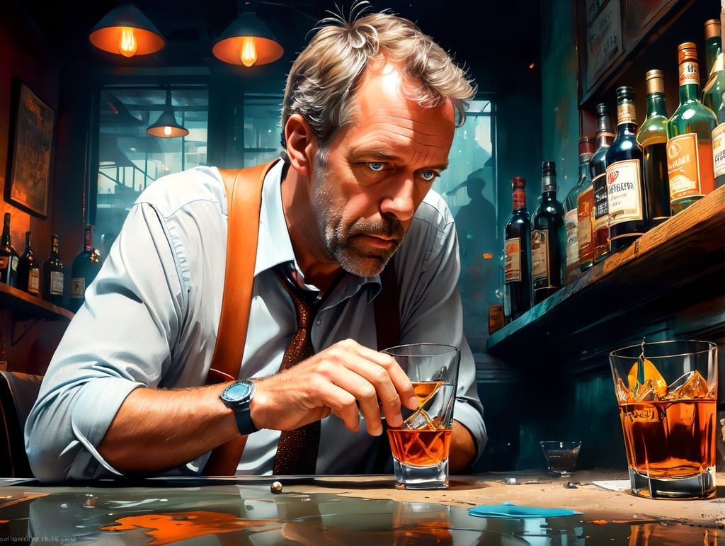 hugh laurie down on his luck in a sleazy bar drinking scotch