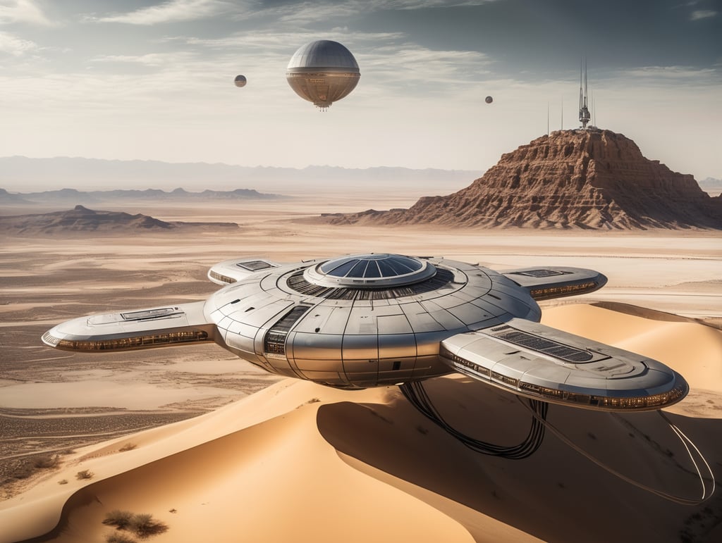 Spaceship, floating above ground, cables, futuristic, desert