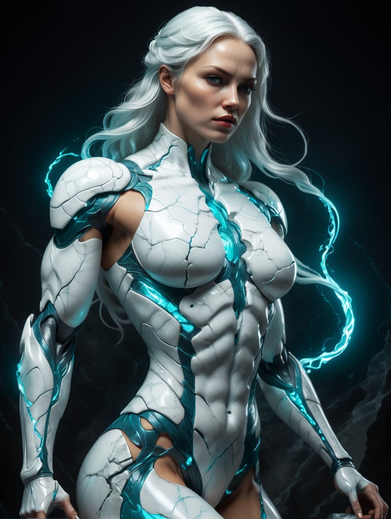 A cracked white marble sculpture with glowing cyan veins of a beautiful modest fully clothed white marble woman personal trainer, studio lighting, 4k