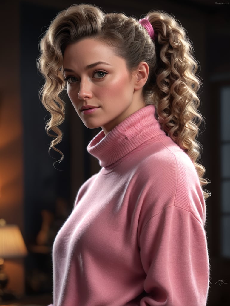 Geraldine James in a pink sweater, curly hair tied in a ponytail.