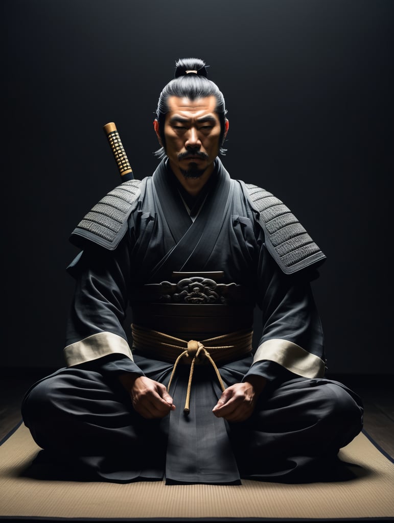 a samurai man sitting and meditating in darkness, old classical japanese style