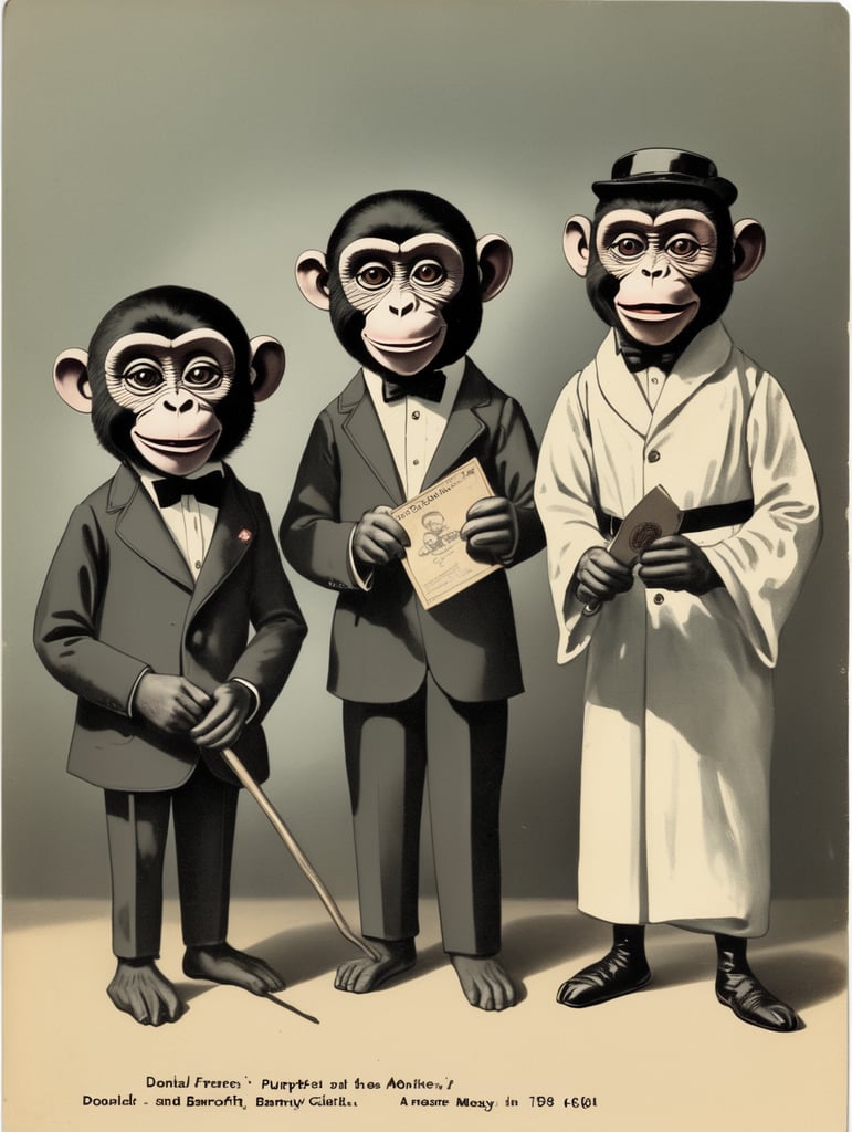 Illustration of a monkey puppets in the style of Donald Fraser Gould McGill and a Bamforth postcard