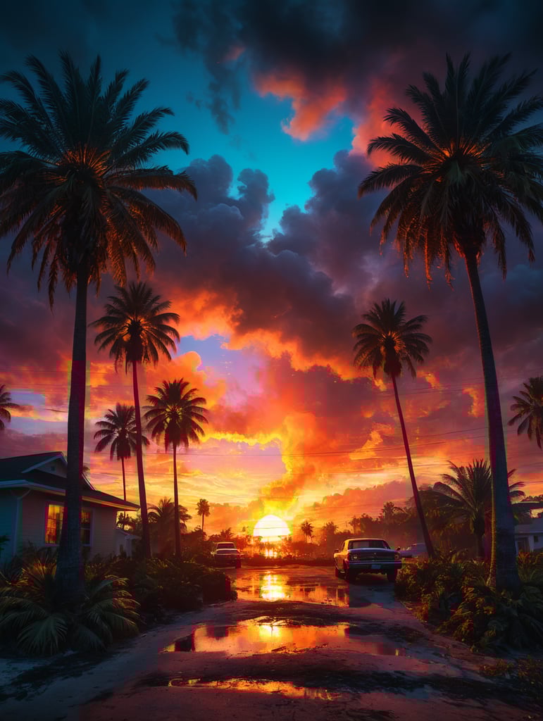 Florida sunsets and palm trees on fire, neon vibrant colors,