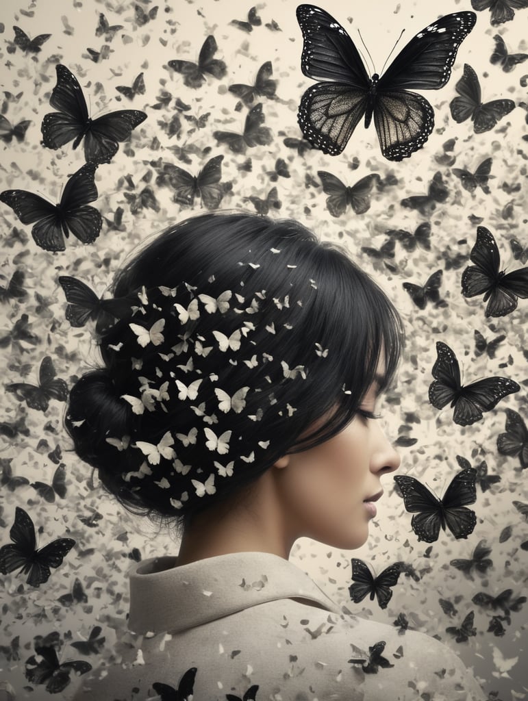 Create a strong, bold, black word text saying "Women Overwhelmed: Workload Stress", and some of the top of the text disintegrated into butterflies and the disintegration into butterflies of the text keeps on going but don't overdo it too much to the point where you can't read the text