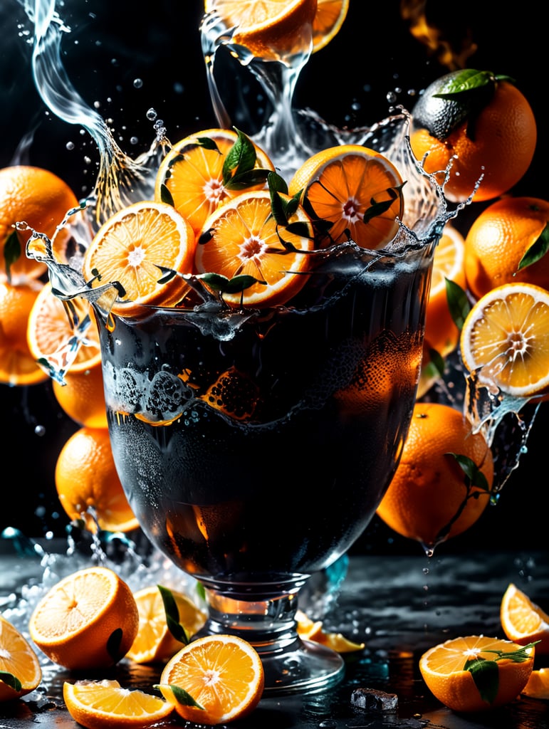 Full oranges, and orange slices floating, mixed orange liquid, orange background, smoke, icy slushee, 4k photo-realistic