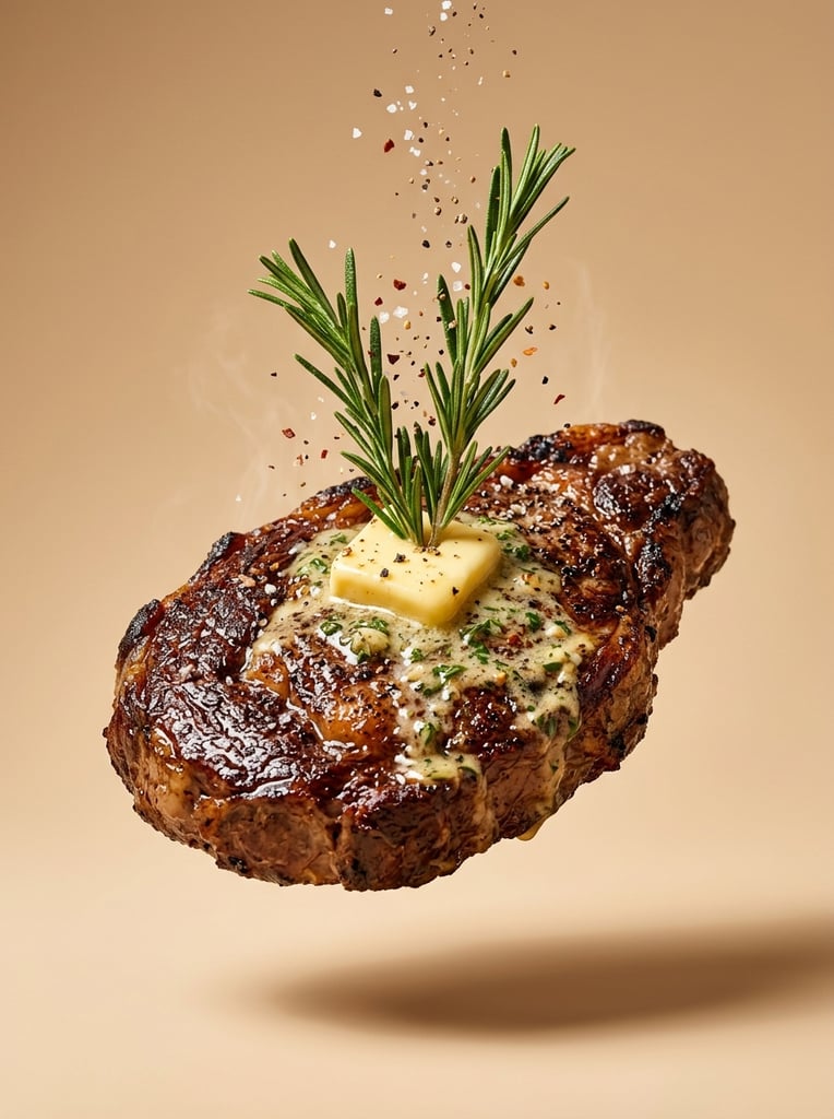 A thick, heavily seared steak levitates against a seamless warm beige background. Resting atop the glossy, browned meat is a melting square of butter, a pool of creamy herb sauce, and two upright, vibrant green rosemary sprigs. Tiny flecks of pepper and salt are frozen in mid-air, cascading down toward the garnish. The hovering food casts a soft drop shadow on the smooth surface far below. High-end macro culinary photography featuring hyper-detailed textures, sharp focus, and warm directional studio lighting.
