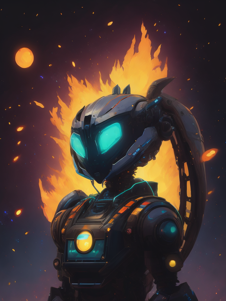 Photo of fusion of a robot monster with an alien in the space, style of laurie greasley, studio ghibli, akira toriyama, james gilleard, genshin impact, trending pixiv fanbox, acrylic palette knife, vibrant colors, devinart, trending on artstation, low details, light colors, dark background