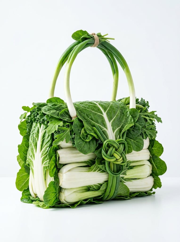 handbag sculpted from fresh leafy greens, thick white stalks forming the body, curved scallions as top handles and front clasp, seamless white background, conceptual still life photography, surreal organic fashion, crisp studio lighting