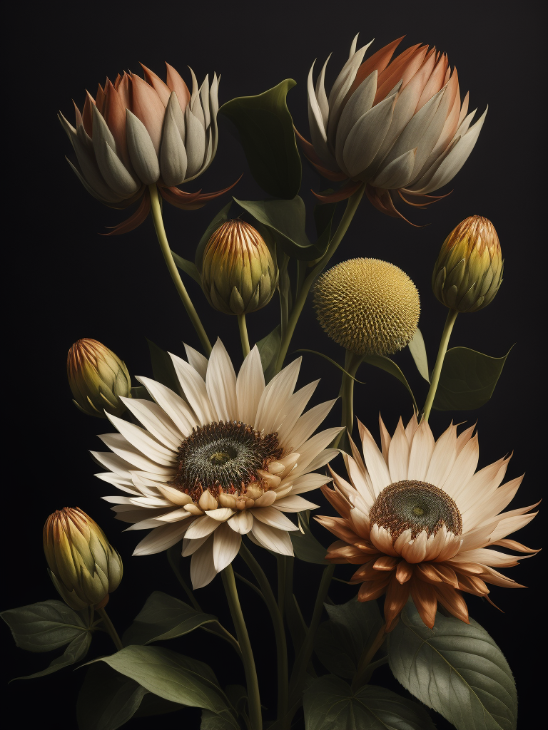 Detailed king proteas and pincushions against a black backdrop by martin johnson heade, artstation