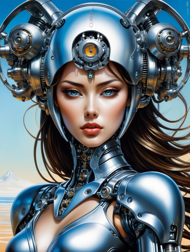 airbrush art sorayama inspired futuristic painting robot art mechanical details metallic hues sci fi illustration technological aesthetics surreal artwork robotic fantasy women