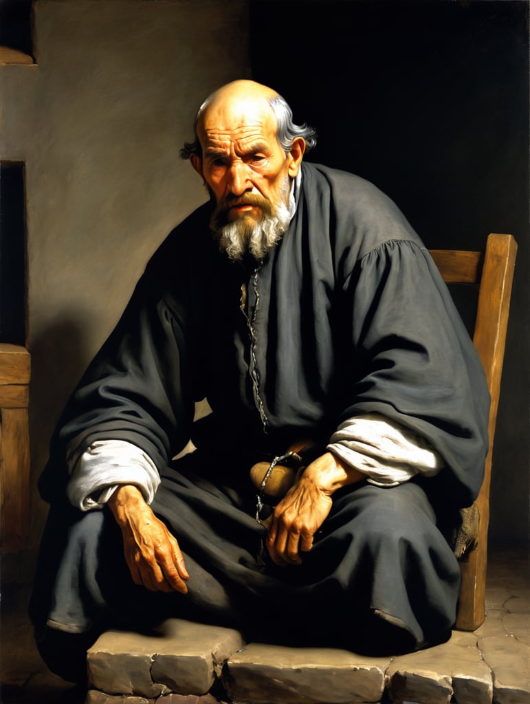 A masterpiece painting by Diego Velázquez, fullshot view of a bearded old man, suffering, the man does not want to pay high taxes and gives away his last goat