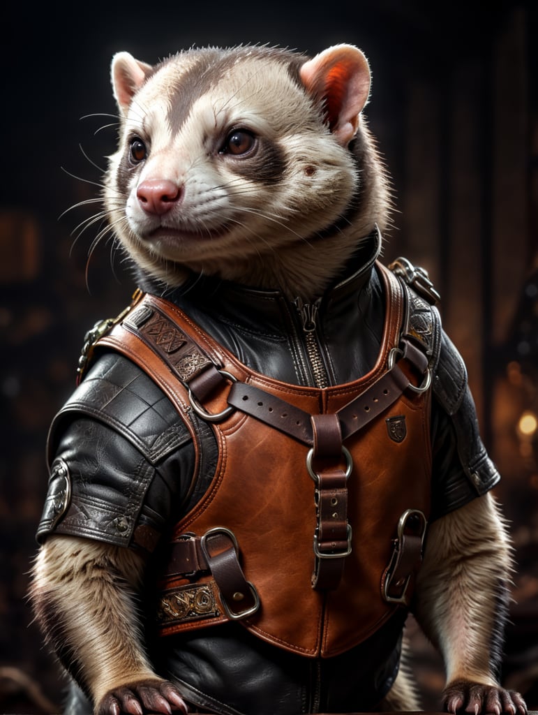 Ferret with leather harness on back