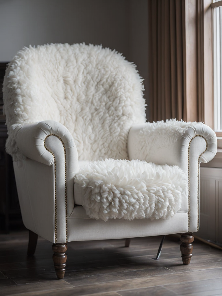 a white soft sheep chair, wood carved head and legs of the sheep, body is white wool