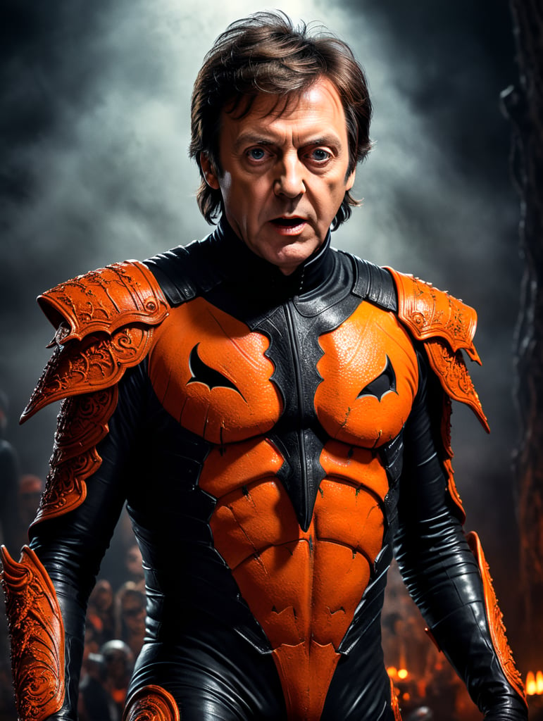 Photo of Paul McCartney in a scary orange and black halloween costume.