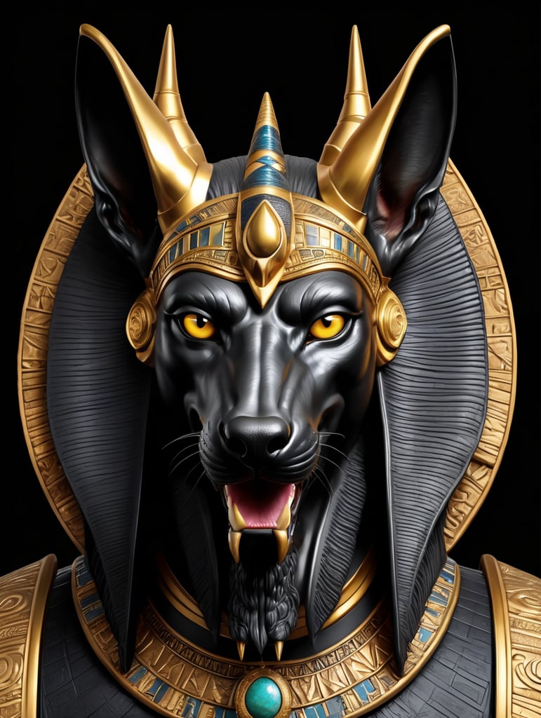 Egyptian god Anubis, portrait, hyper-realistic, dark style, focus on face, sharp on details, black background