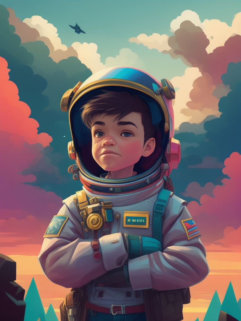 Highly detailed portrait of a cute little astronaut. he has a bright and cheerful color scheme, featuring a mix of pastel blues, pinks, and purples, standing with his arms folded holding a toy sword, surrounded by a swirl of energy. the background is a colorful cartoon landscape, with fluffy clouds and a rainbow. the background is a stark, metallic landscape, with a futuristic cityscape visible in the distance. by atey ghailan, by eduard hopper, by greg tocchini, by james gilleard, grunge aesthetic graffiti