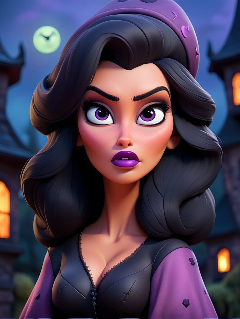 Portrait of Kim Kardashian in a witch costume for Halloween, scary dark makeup on her face, gloomy dark atmosphere, vintage 70s style, purple, pink and black colors, high detail photo, professional photo, against the backdrop of an old creepy castle, contrasting light, bright colors, deep dark atmosphere