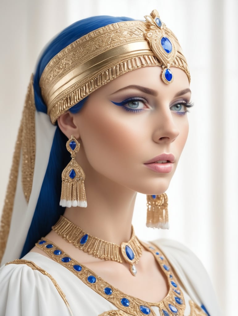 Queen Cleopatra wears a royal white and blue dress