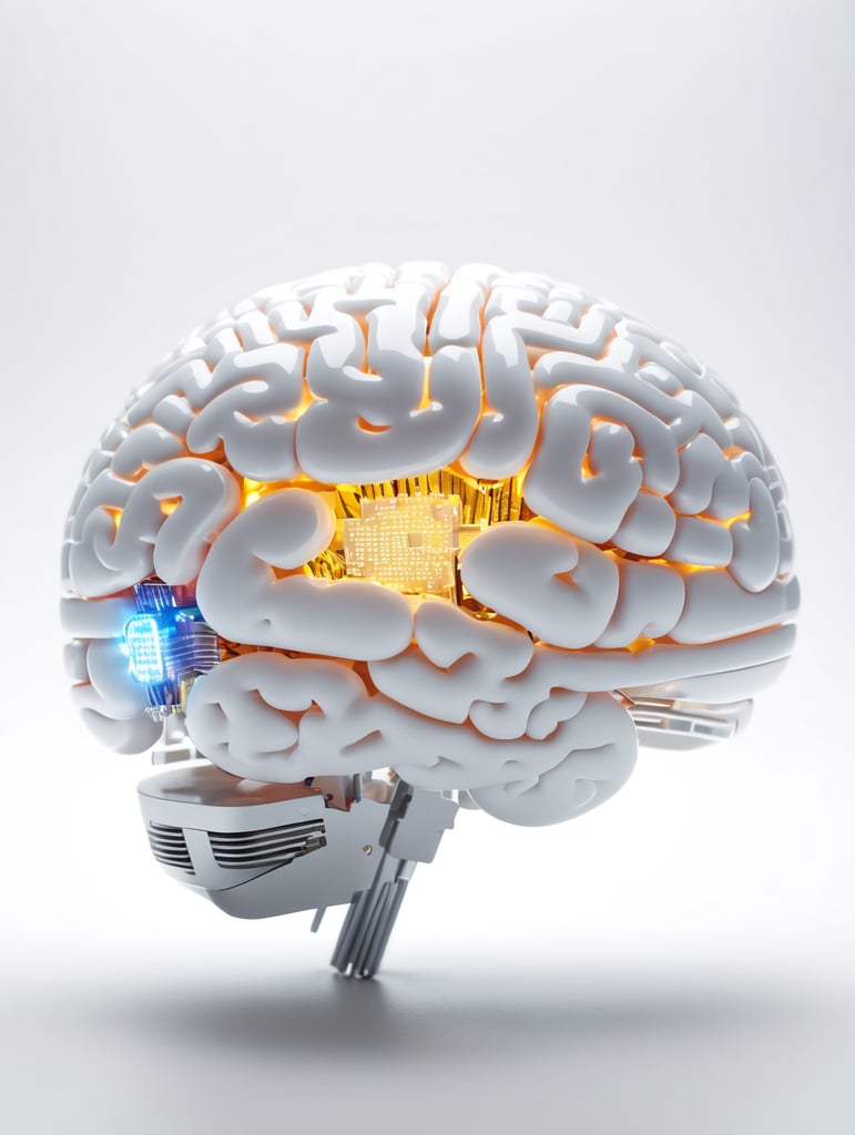 A brain made of polycarbonate with micro-chips and glowing led inside.