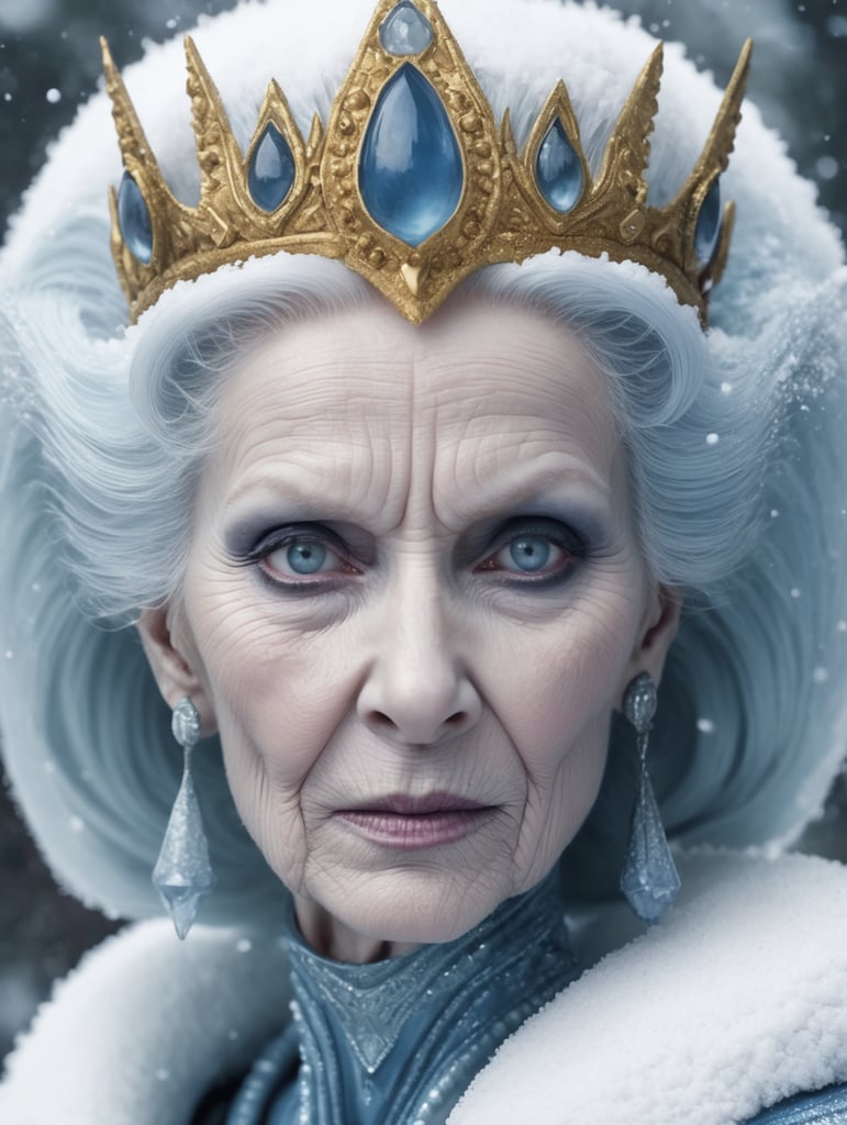 70s comic cover alien bluish pale skin very old wrinkle woman alien with crown queen of the snow sci-fi sinister wicked snow queen