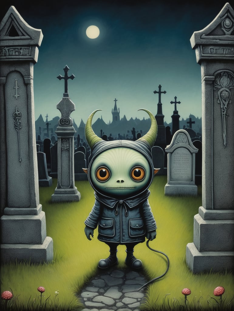 John Kenn Mortensen style ground level shot, incredibly detailed front shot painting of a cute whimsical monster in a graveyard,