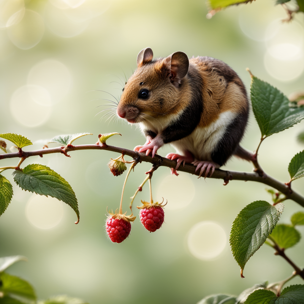 Mouse sitting on a raspberry branch + bokeh background