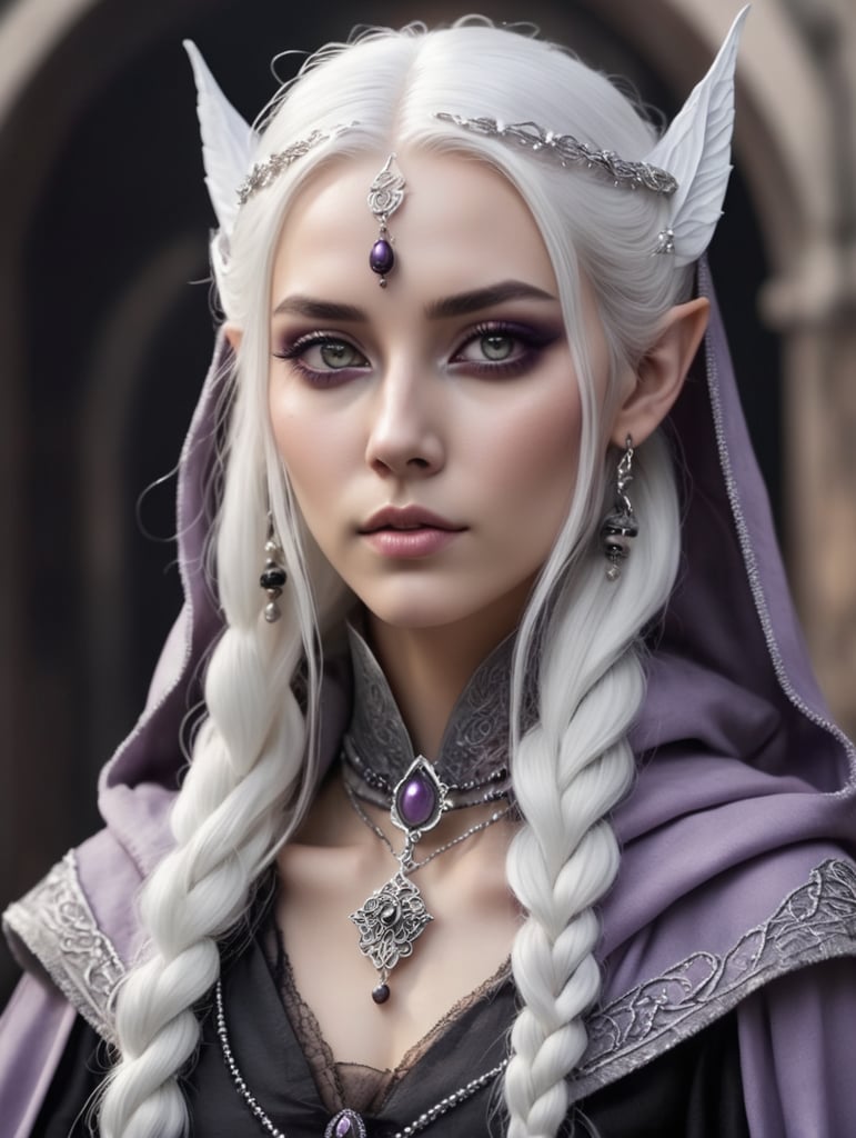beautiful elven woman with ashy light purple skin casting magic , long white hair tied up in a half bun , solid white eyes with no color , black smudged eyeliner , wearing a rosary necklace made of iridescent beads , wearing a hooded cloak , stunning detail , gothic color palate