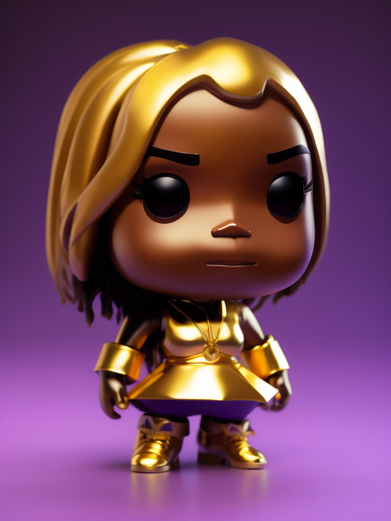 Full body Plastic figurine of of beyoncé with gold hair, gold dress, gold boots, 3d octane render, funko pop, violet background, vibrant colors