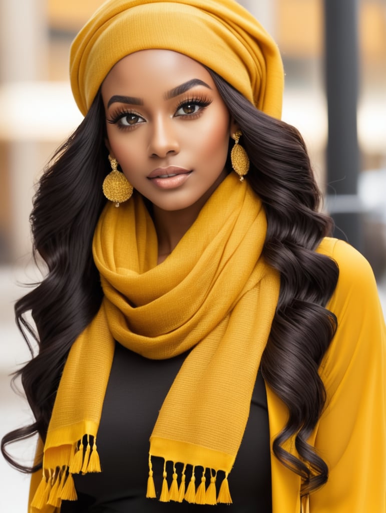 Pretty brown skin girl brown eyes long black front wig long lashes earrings bent over back with yellow outfit with scarf from behind bottom half of her