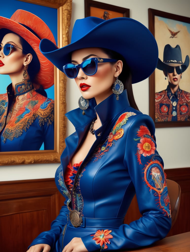 Medium-full shot, profile half body photography, in the office, a punk 80's model woman with dramatic makeup and a 50's cowboy hat, wearing a deep blue, vibrant, detailed embroidered dress, large sunglasses, 80 degree view, art by sergio lopez, natalie shau, james jean, salvador dali.