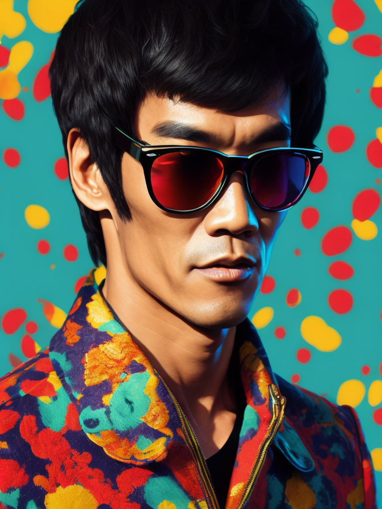 Bruce Lee wearing a brightly patterned jacket and wayfarer glasses, Vivid saturated colors, Contrast color