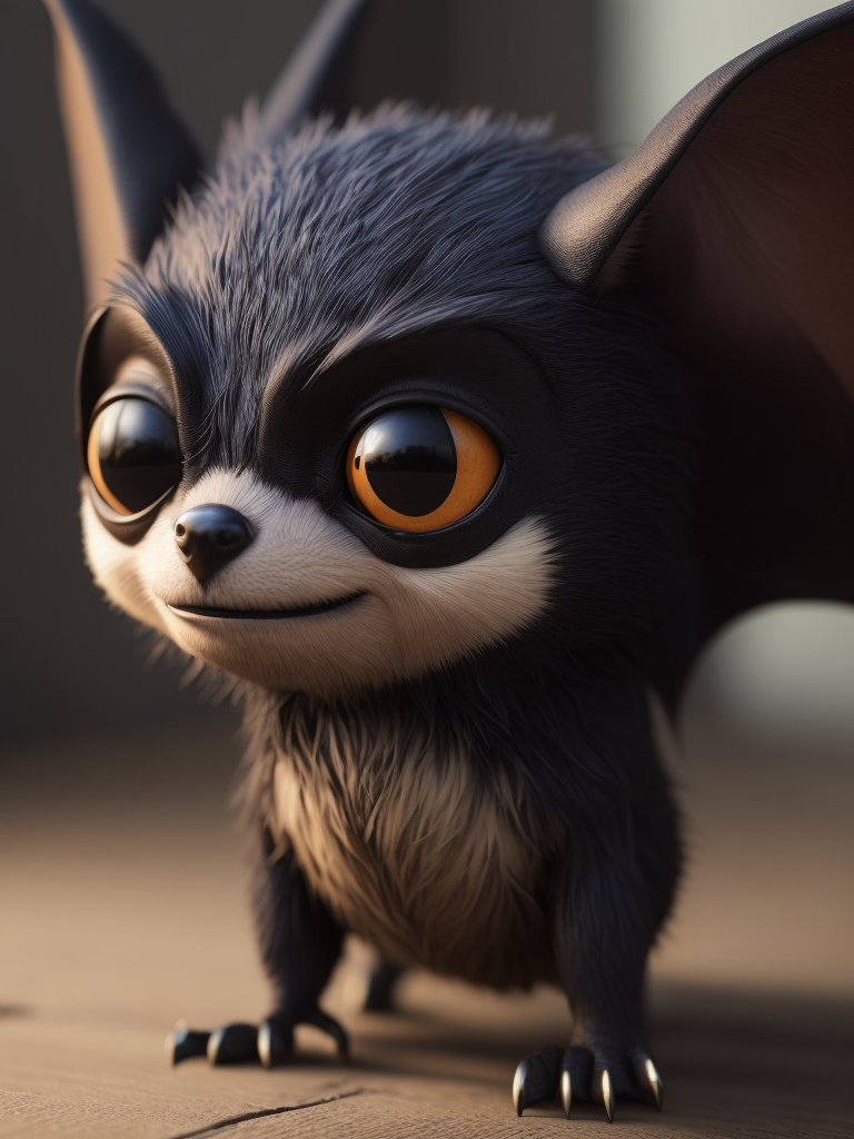 Little bat, cute pixar character, digital painting, studio lighting, creative, big eyes, small nose, standing centered, 3D style, rendered using beautiful Disney animation, Pixar style, Disney style