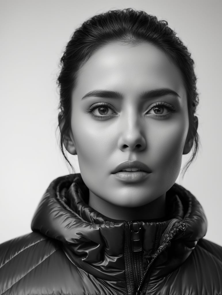 A black and white portrait of a women designer wearing a glossy down jacket looking on camera