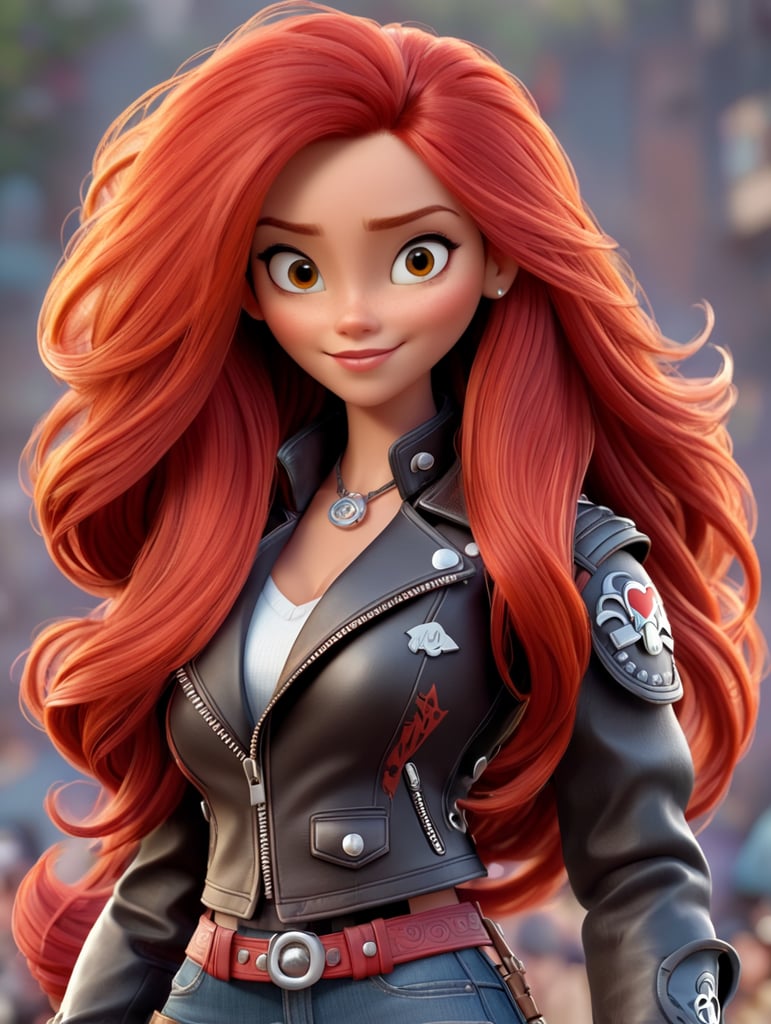 Woman with very long red hair wearing a leather motorcycle vest in 3D Disney Pixar style