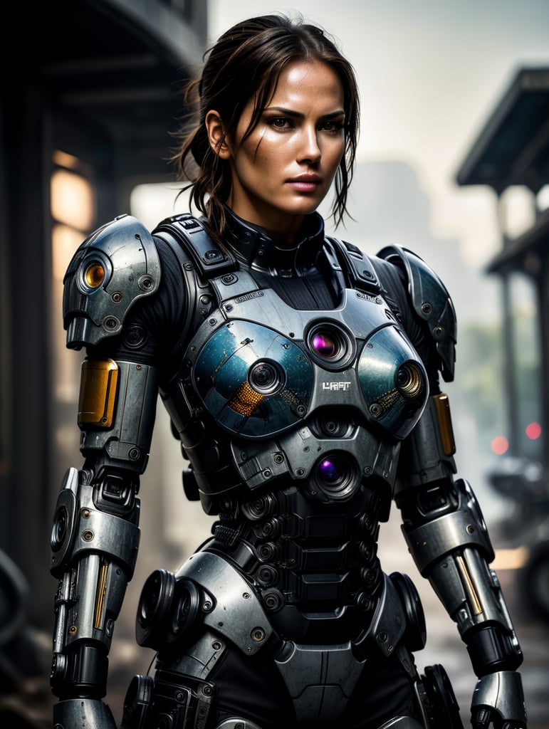 Very strong Lara Croft wearing a full body technologic robotic armour looking like a supersoldier