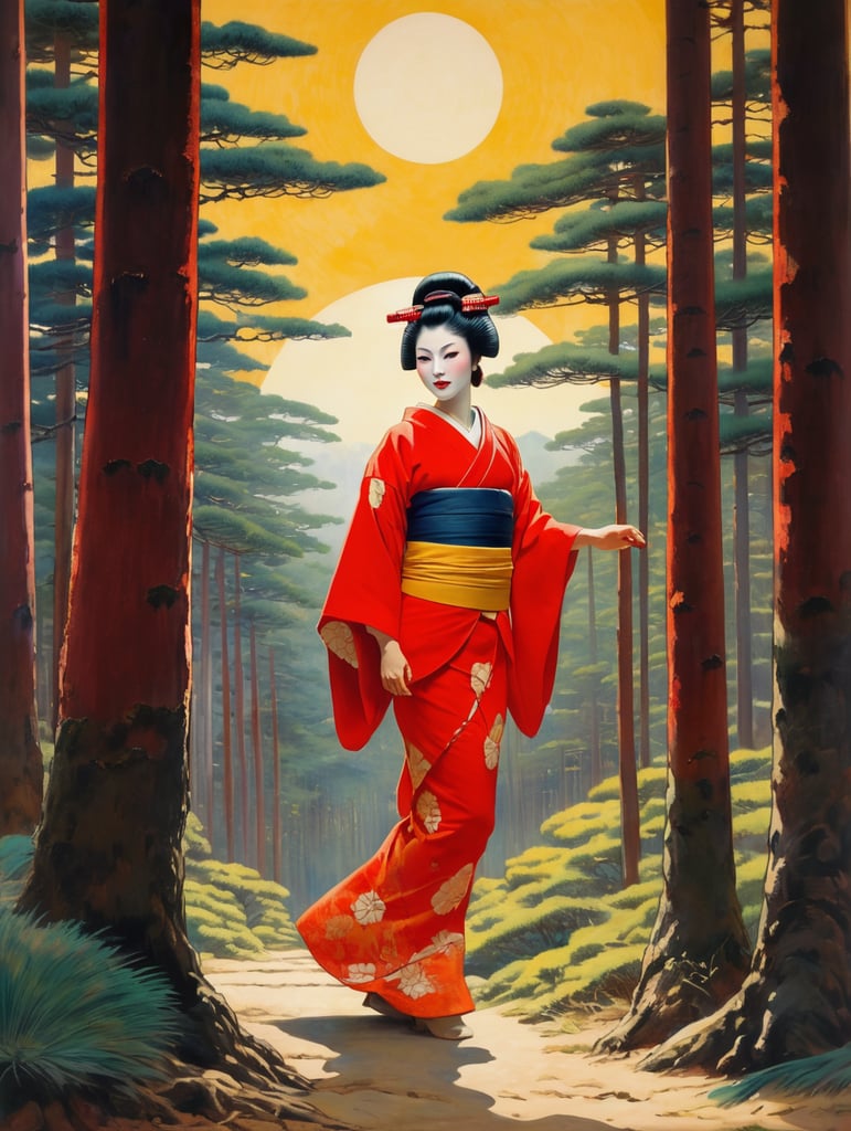Painting of a geisha with european features entering a japanese pine forest, by range murata, a big red sun in the background, stunning, matted, paul gauguin, van gogh